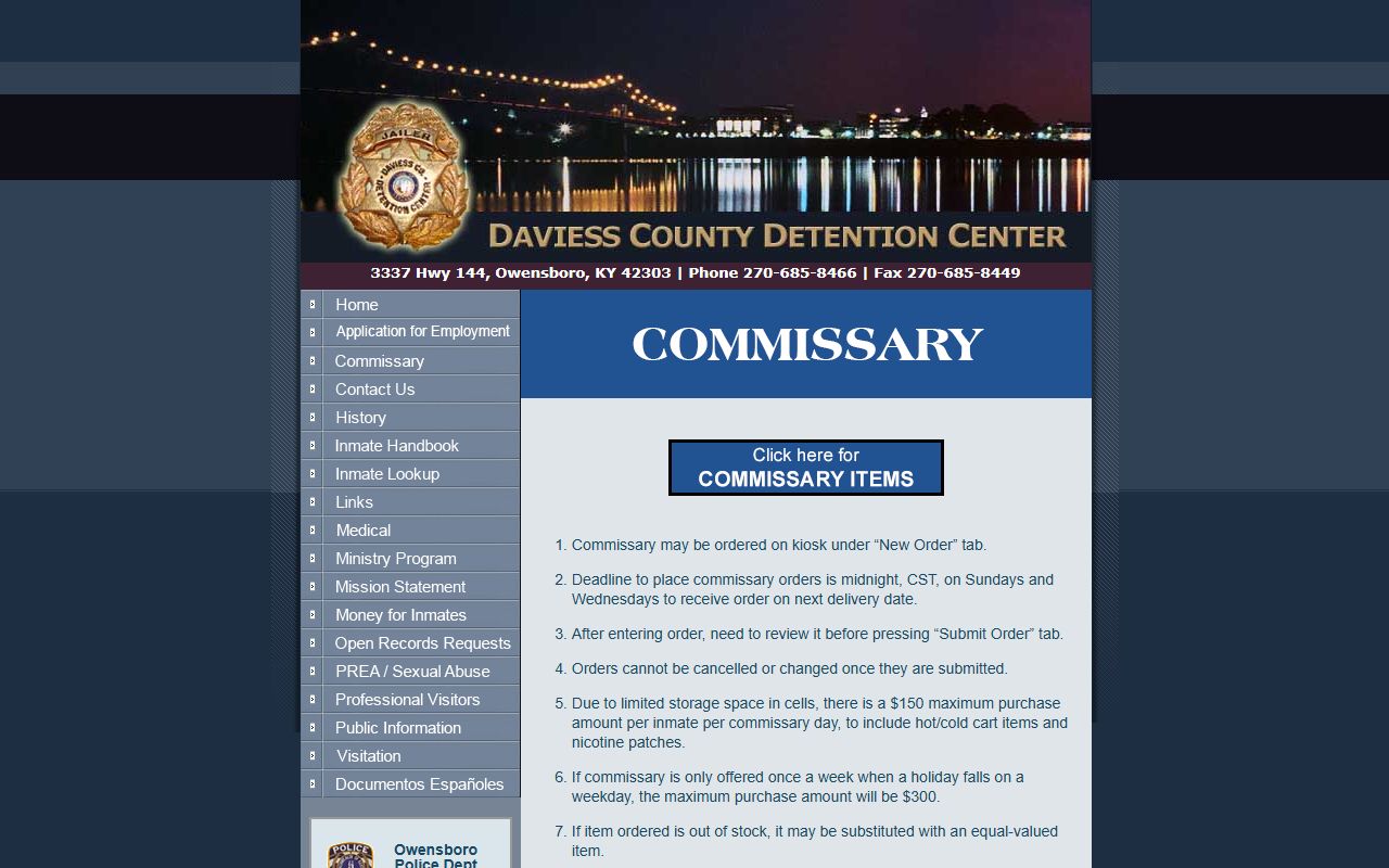 Daviess County arrest records commissary rules for housed inmates