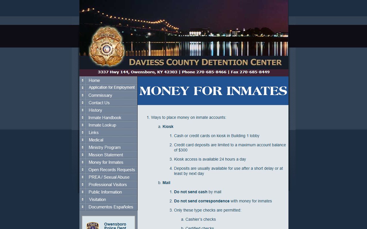 Daviess County arrest records inmate money deposit rules