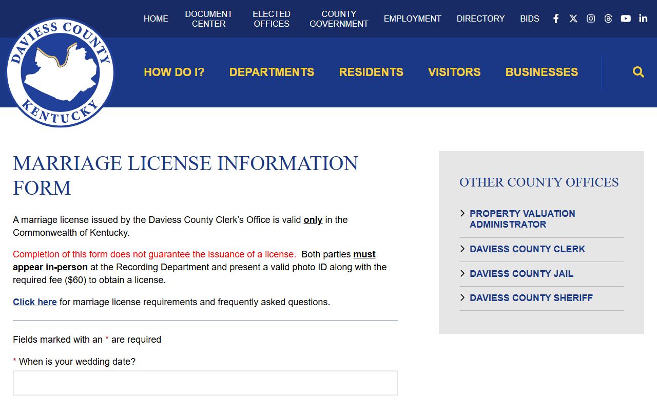 Daviess County court dockets marriage license form context